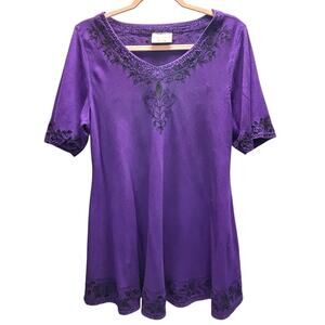Holy Clothing Top Tunic XL 1X Purple Embroidered Short Sleeve Festival Boho